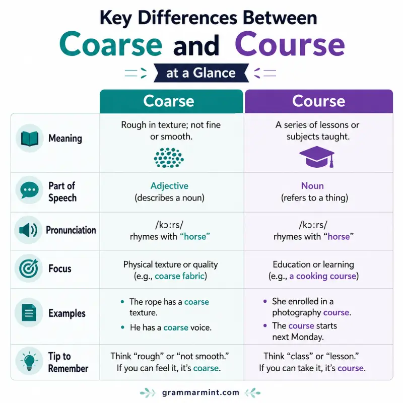 Key Differences Between Coarse and Course at a Glance